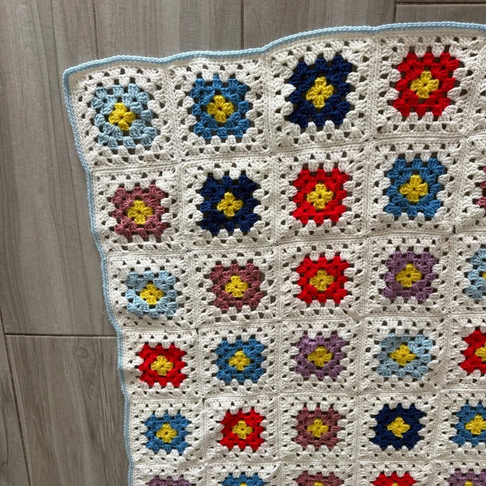 Handmade Crochet Granny Square Baby Blanket MultiColor White 24x36 Nursery Throw